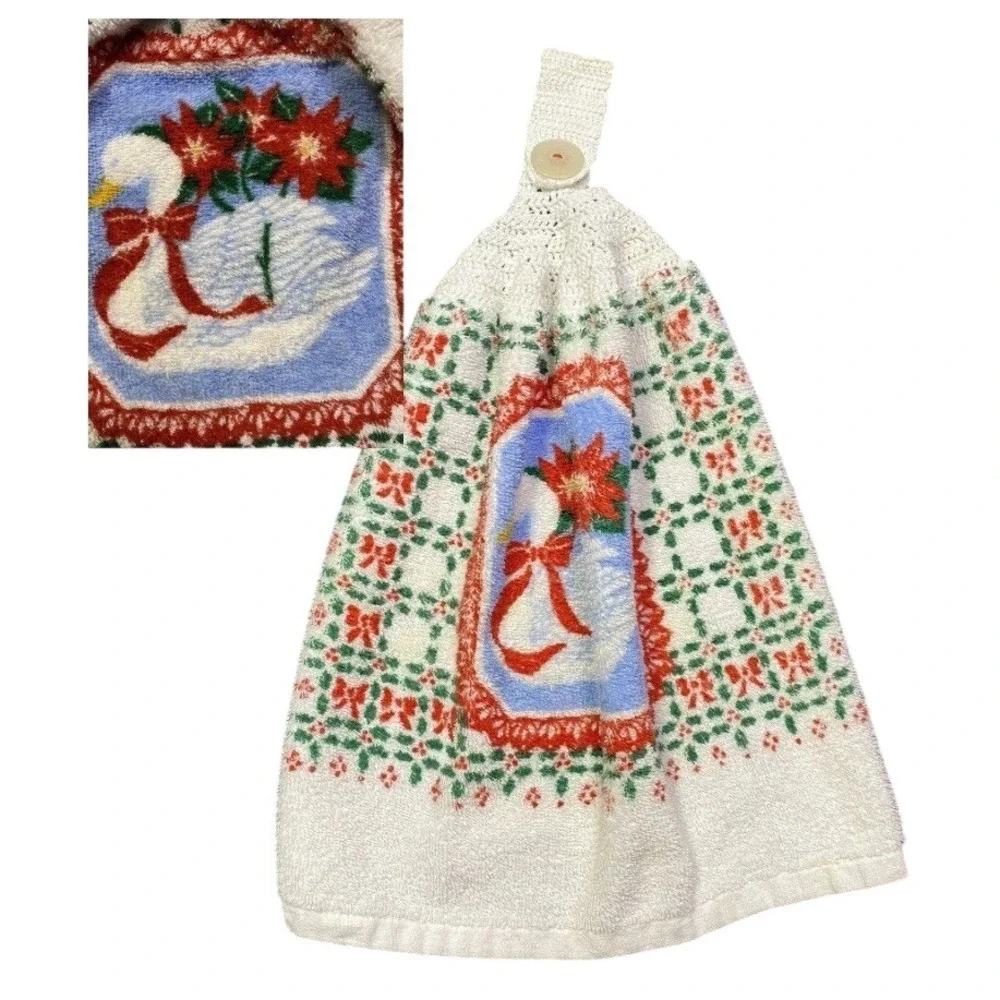 Vintage Christmas Holiday Winter Goose Swan Crocheted Decorative Dish Tile Towel